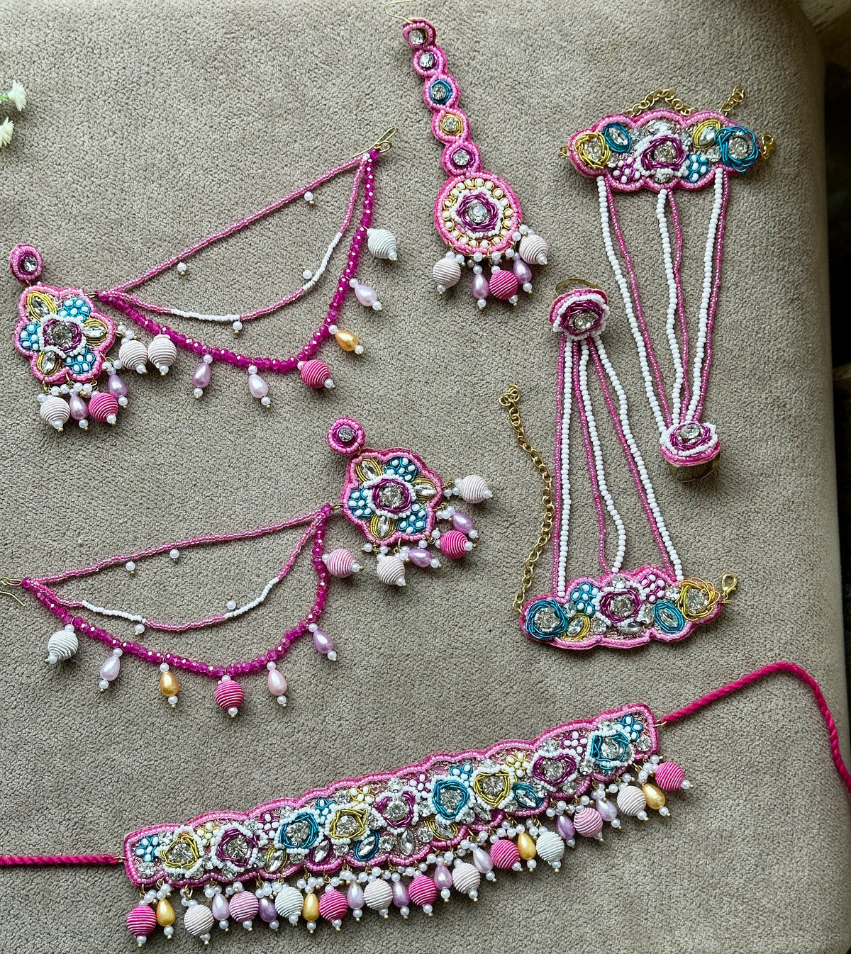Fuchsia Pink Beaded Bridal Jewellery Set – Necklace, Earrings, Tikka & Hathphool