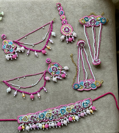 Fuchsia Pink Beaded Bridal Jewellery Set – Necklace, Earrings, Tikka & Hathphool