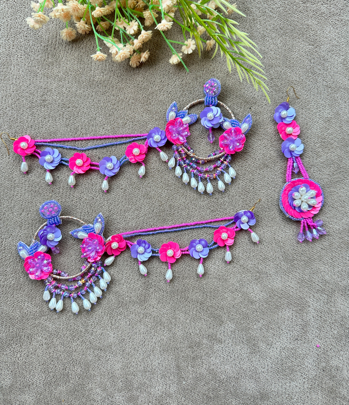 Floral Beaded Chandbali Earring Tikka Set – Pink & Purple