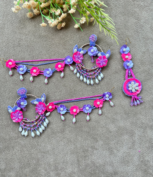 Floral Beaded Chandbali Earring Tikka Set – Pink & Purple