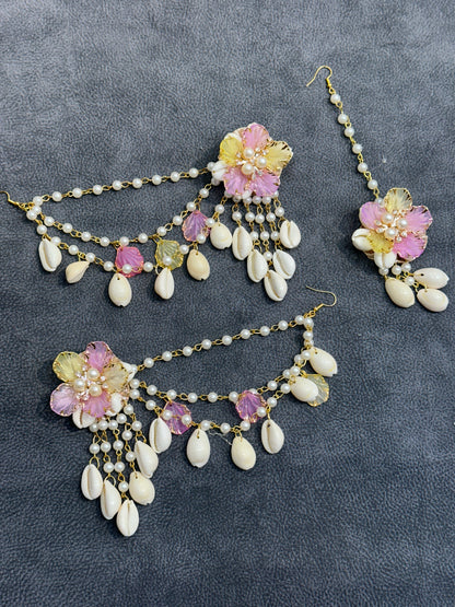 Pink & Yellow Cowrie Shell Floral Earring Tikka Set ET005