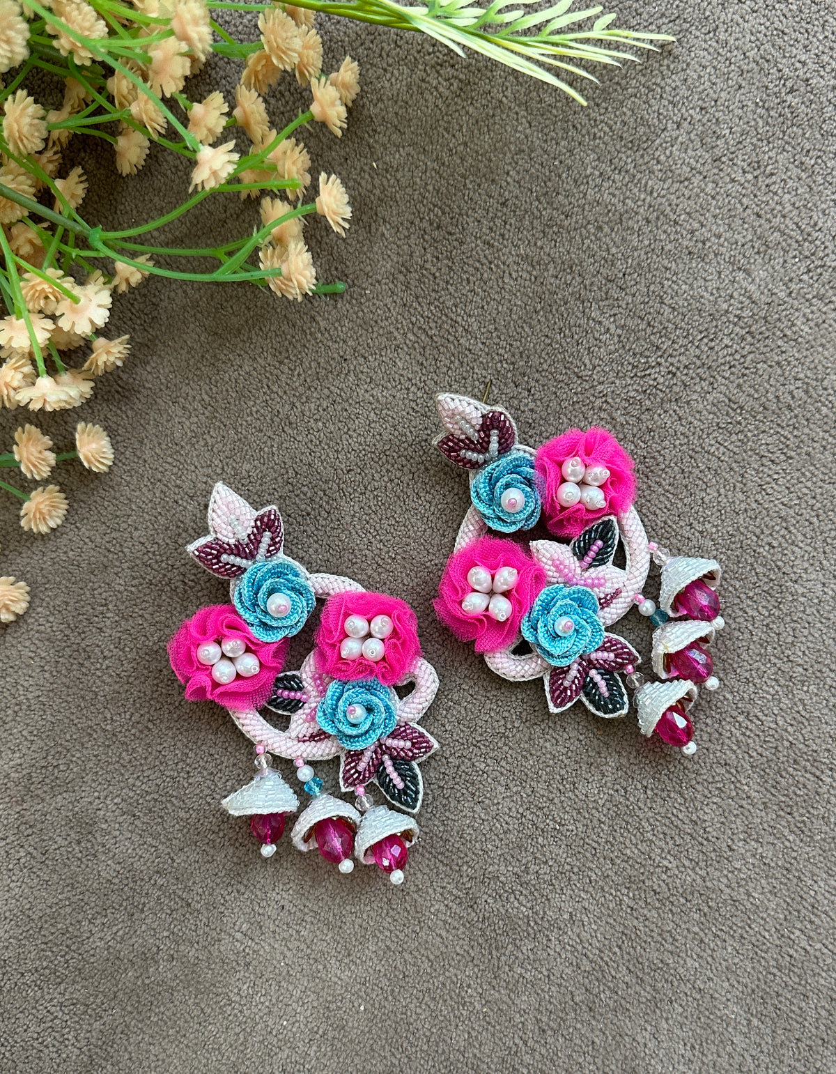 Pink & Turquoise Handmade Floral Beaded Jhumka Earrings