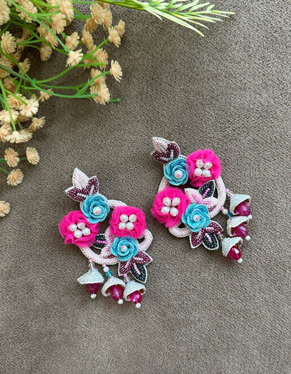 Pink & Turquoise Handmade Floral Beaded Jhumka Earrings