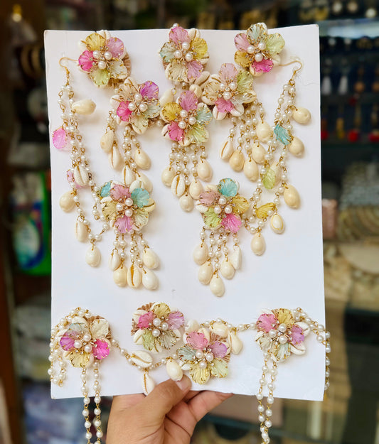 Multi Pastel Bloom  Shells & Pearl Bridal Jewellery Set