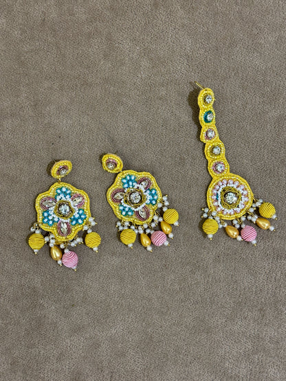 Lemon Yellow Soutache Bridal Jewellery Set – Necklace, Earrings, Tikka & Hathphool