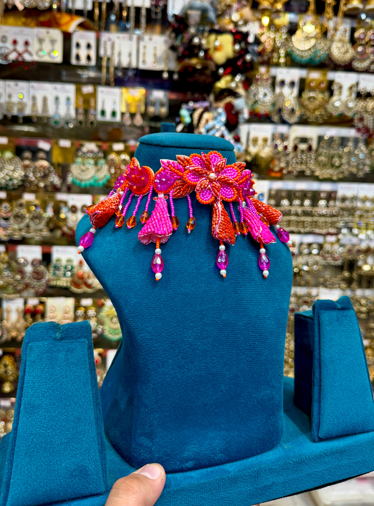 Hot Pink & Orange Floral Bride Haldi Mehendi Jewellery Set