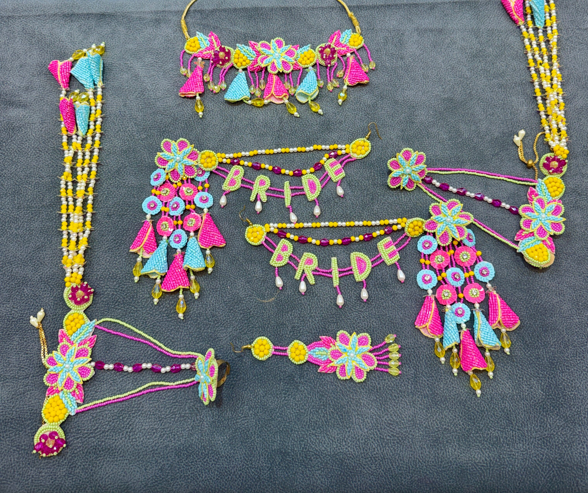 Pink & Sky Blue Floral Bride Haldi Mehendi Jewellery Set