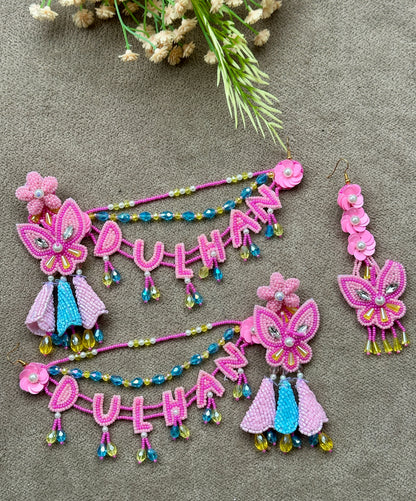 Dulhan Beaded Earring Tikka Set Pink Ferozi