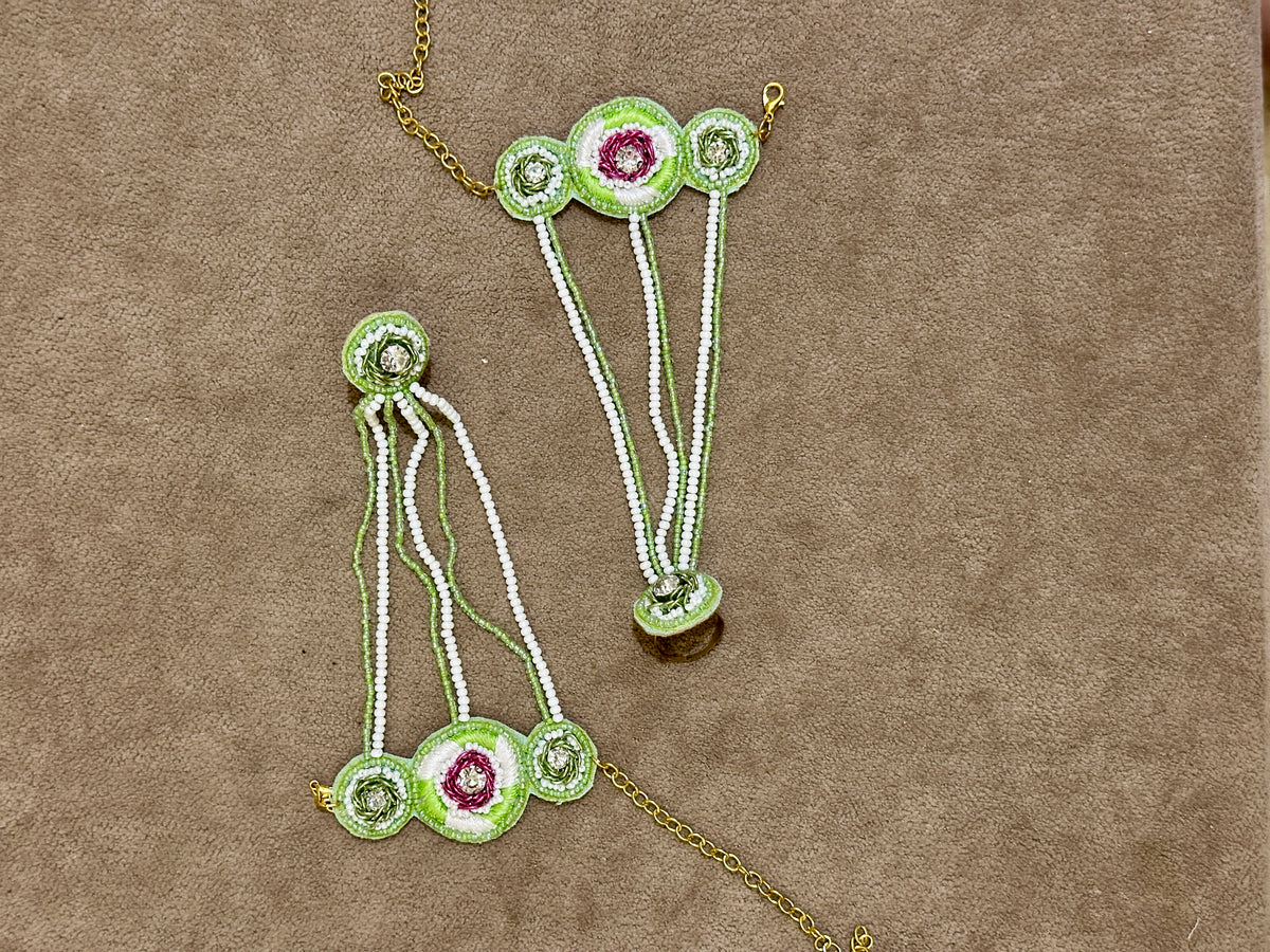 Mint Green Beaded Haldi Jewellery Set – Necklace, Earrings, Tikka & Hathphool