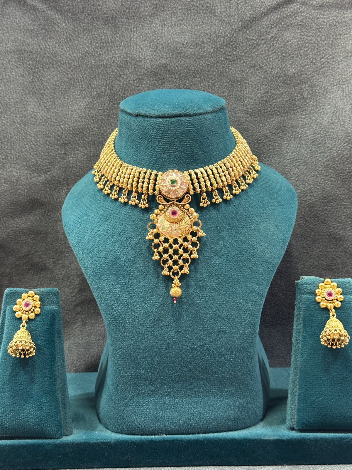 Antique Gold Meenakari Choker Necklace Set with Jhumka Earrings NS00029