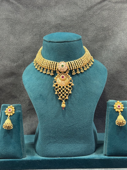 Antique Gold Meenakari Choker Necklace Set with Jhumka Earrings NS00029