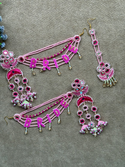 Pink Bride Beaded Earring Tikka Set with Mirror Work & Jhumki