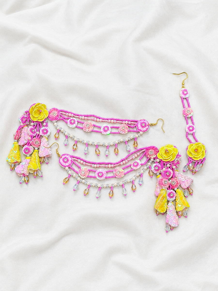 Beaded Handmade Jewellery Earing Tikka Set Color Pink yellow