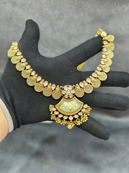 Kundan Meenakari Necklace Set with Fan Pendant & Ghungroo Drops NS00015