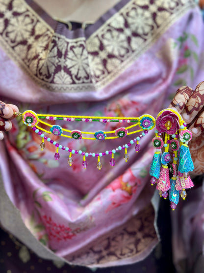 Beaded Handmade Jewellery Earing Tikka Set Color Pink Yellow Blue