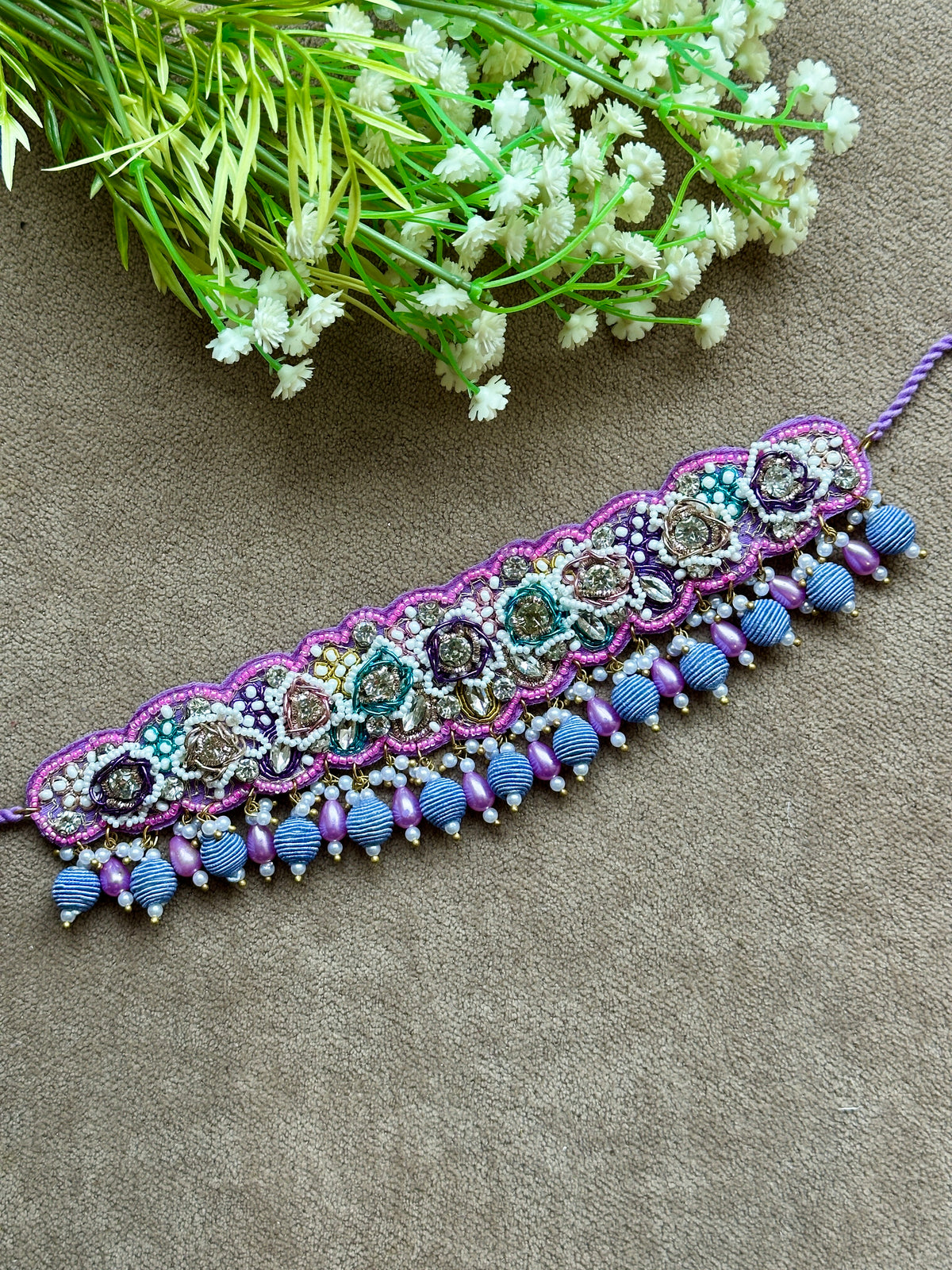 Lavender Beaded Bridal Jewellery Set – Necklace, Earrings, Tikka & Hathphool