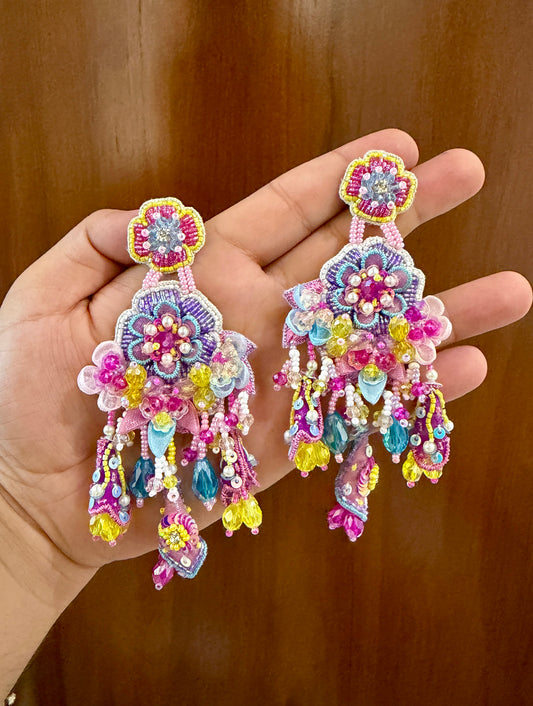Multicolour Floral Handmade Beaded Chandelier Earrings