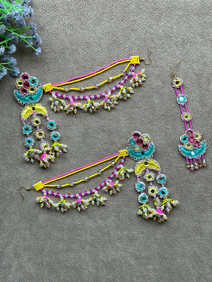 Multicolour Beaded Earring Tikka Set with Mirror Work & Mini Jhumki Chain