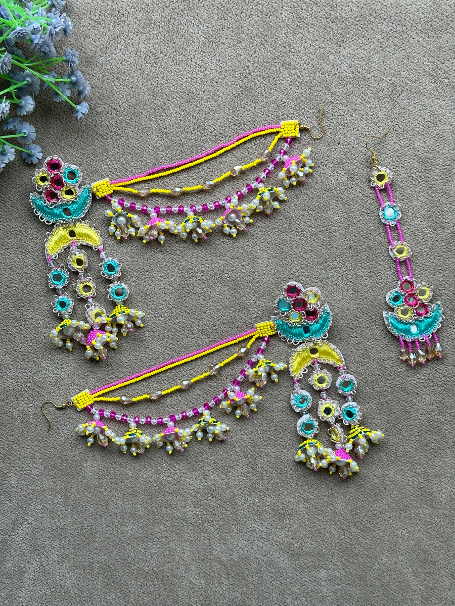 Multicolour Beaded Earring Tikka Set with Mirror Work & Mini Jhumki Chain