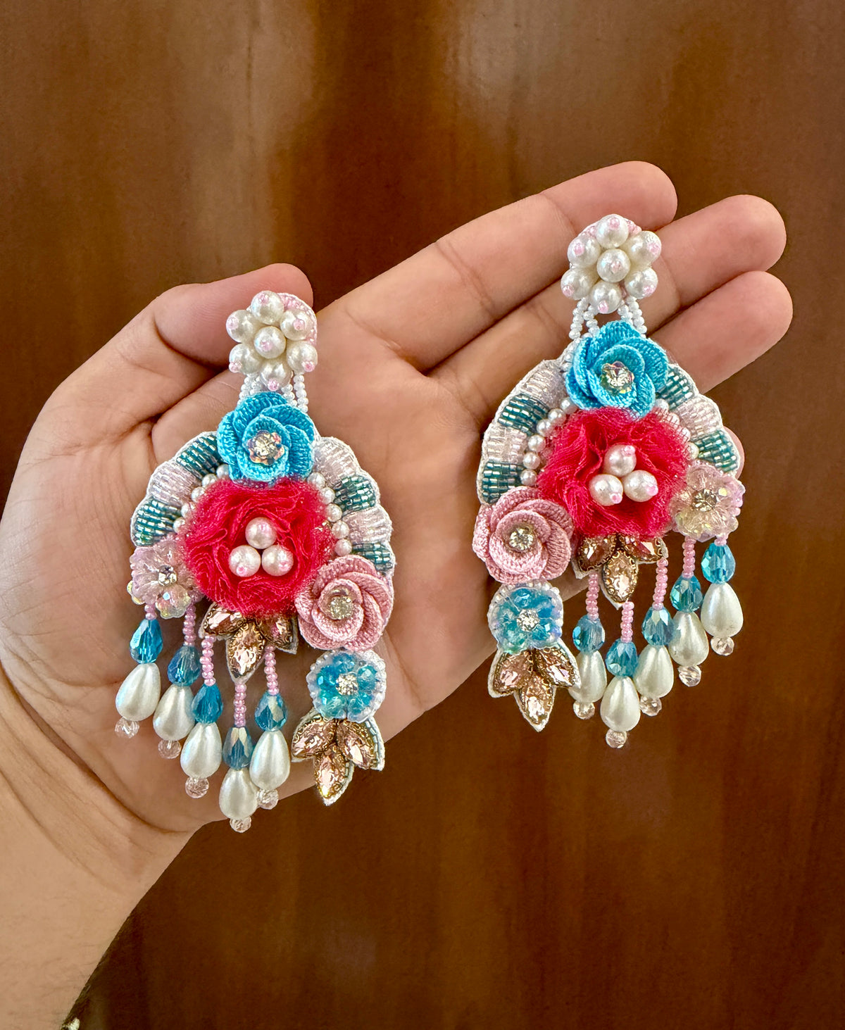 Red & Aqua Floral Beaded Earrings with Pearl-Look Drops