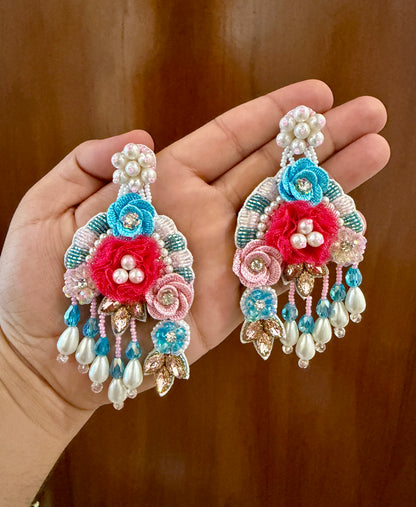 Red & Aqua Floral Beaded Earrings with Pearl-Look Drops