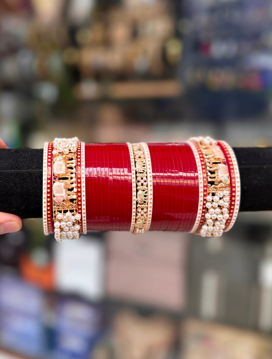 Bridal Chura Rich red and Gold Polish Kada and Pearl work BDH017