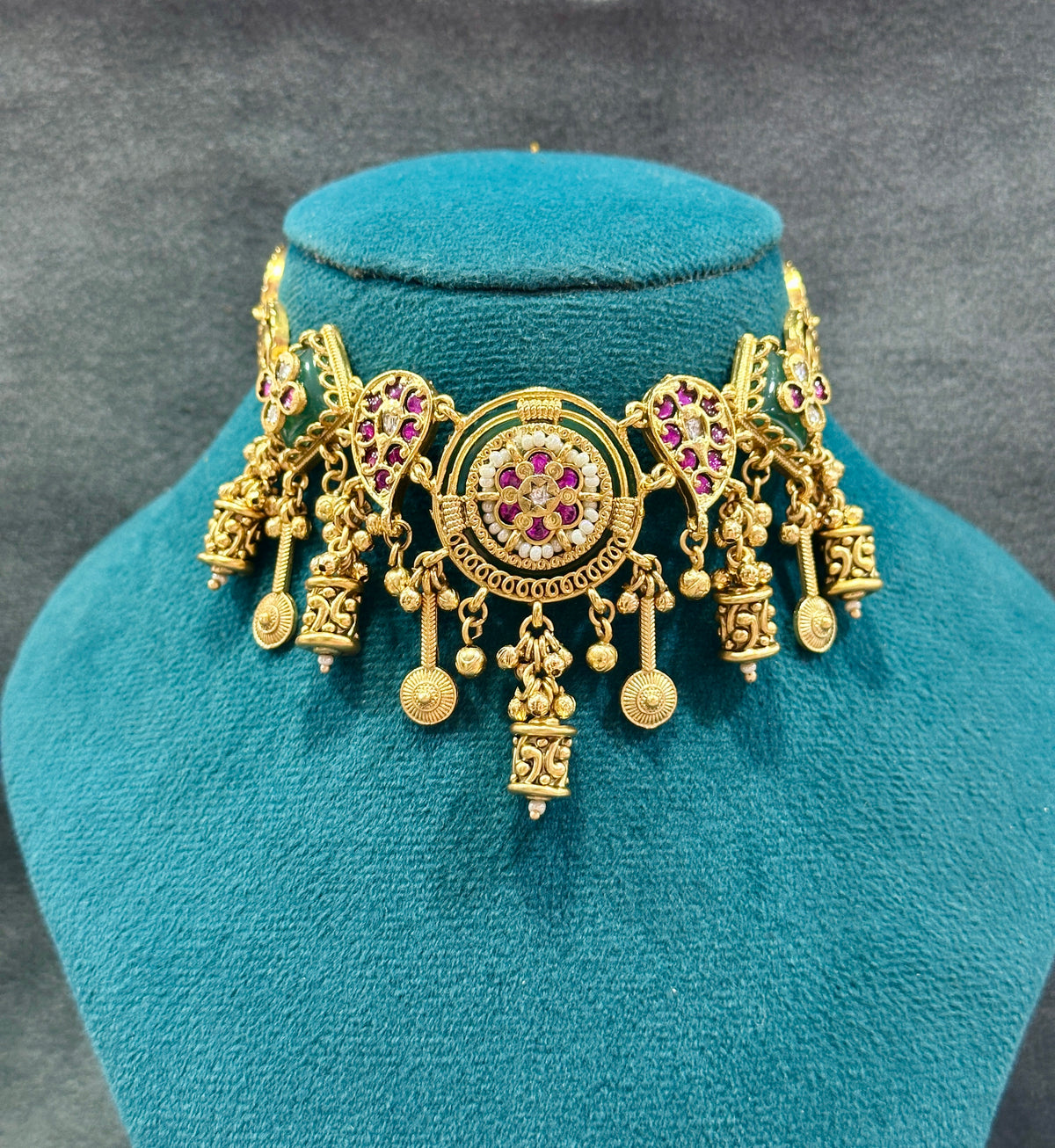 Temple Choker Necklace Set with Ruby Stones & Ghungroo Drops NS00019