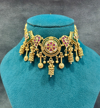 Temple Choker Necklace Set with Ruby Stones & Ghungroo Drops NS00019