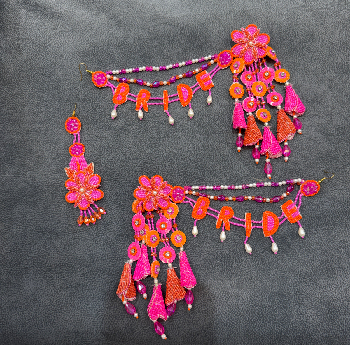 Hot Pink & Orange Floral Bride Haldi Mehendi Jewellery Set