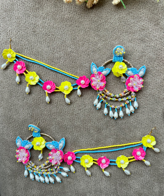 Neon Floral Beaded Chandbali Earring Tikka Set – Pink, Yellow & Blue