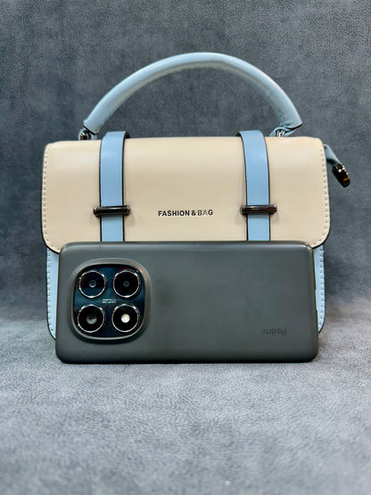 Sky Blue & Cream Colour-Block Structured Satchel Sling Bag HB014