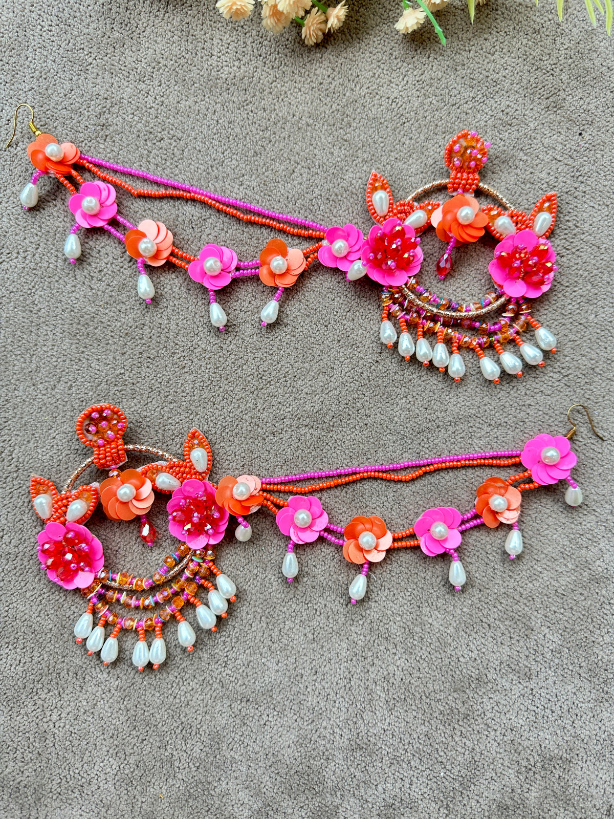 Floral Beaded Chandbali Earring Tikka Set – Hot Pink & Orange