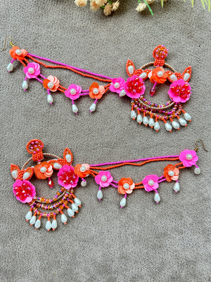 Floral Beaded Chandbali Earring Tikka Set – Hot Pink & Orange
