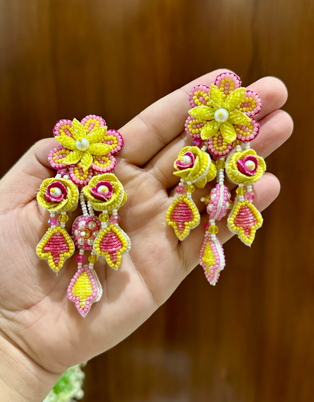 Yellow & Pink Handmade Beaded Floral Drop Earrings