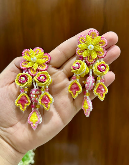 Yellow & Pink Handmade Beaded Floral Drop Earrings