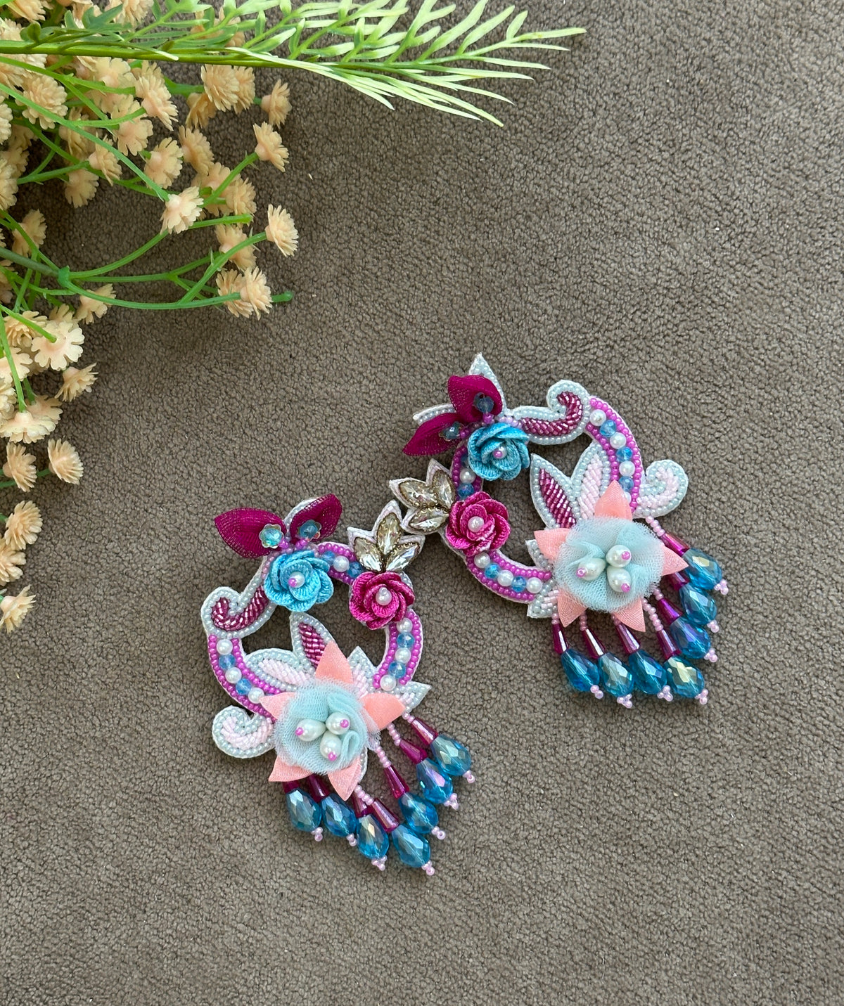 Turquoise & Pink Handmade Beaded Floral Drop Earrings
