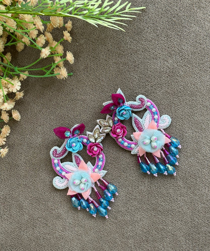 Turquoise & Pink Handmade Beaded Floral Drop Earrings