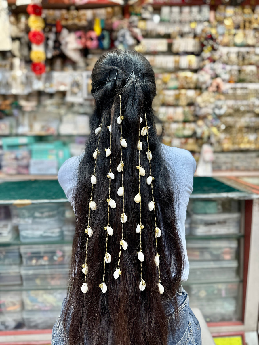 White Shell Drop Hair Chain with Gold-Tone Charms