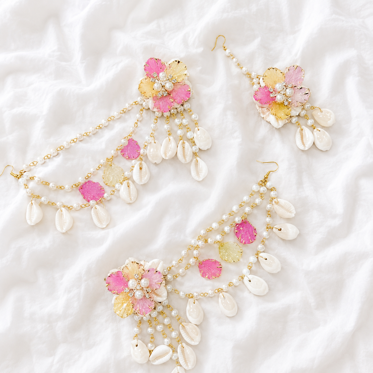 Light Pink Yellow Shells Earring tikka set