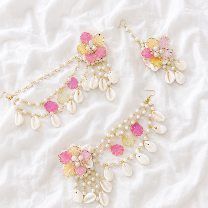Light Pink Yellow Shells Earring tikka set