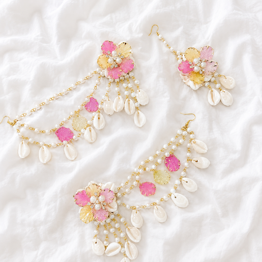 Light Pink Yellow Shells Earring tikka set
