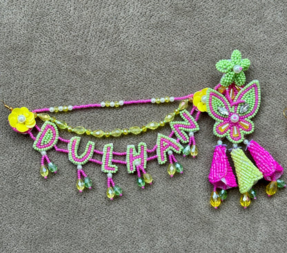 Dulhan Beaded Butterfly Earring & Tikka Set – Hot Pink & Lime Green