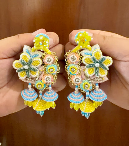 Yellow & Aqua Floral Handmade Beaded Jhumka Earrings