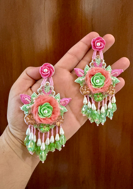 Peach & Green Floral Beaded Earrings with Pearl-Look Drops