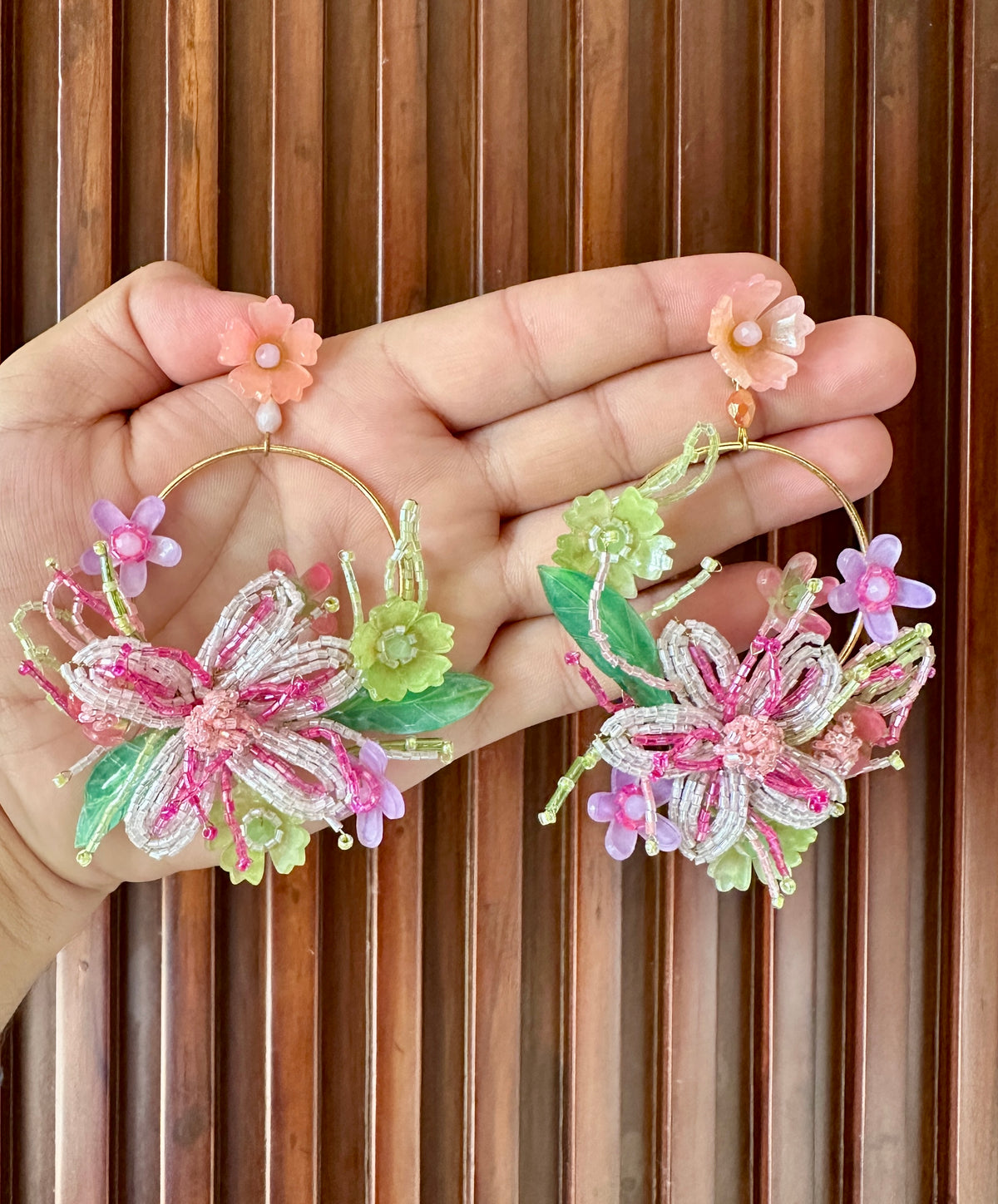 Pastel Floral Handmade Beaded Hoop Earrings
