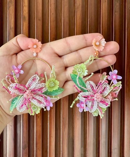 Pastel Floral Handmade Beaded Hoop Earrings
