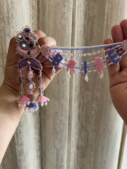Bride Beaded Saankal Earring Tikka Set | Lavender, Pink & Blue Mirror Work