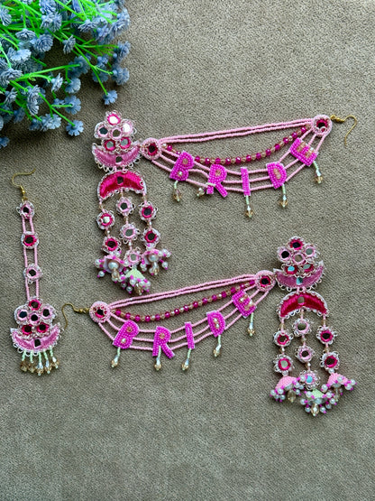Pink Bride Beaded Earring Tikka Set with Mirror Work & Jhumki
