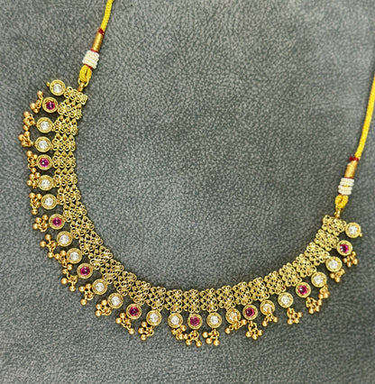 Gold Filigree Choker Necklace Set with Kundan & Ruby Stones NS00017