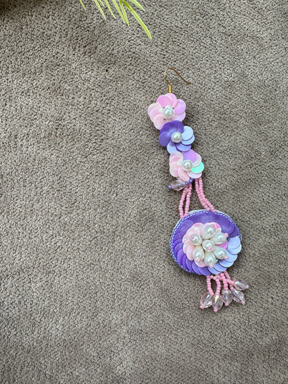 Floral Beaded Chandbali Earring Tikka Set – Purple & Blush Pink